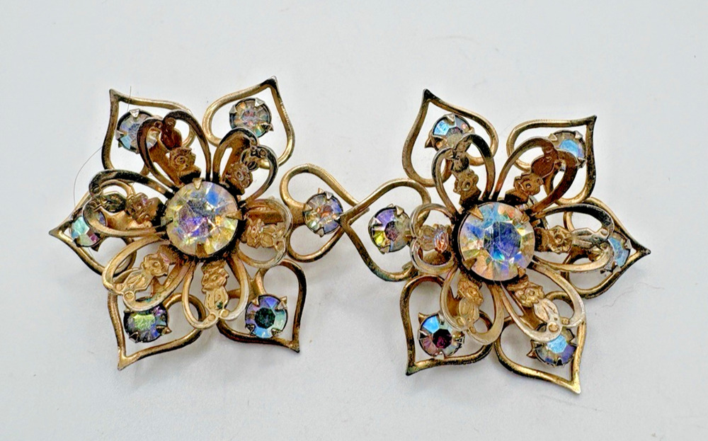 2 Flower Openwork Layered Aurora Borealis Rhinestones 1930s Brooches Pins Vtg